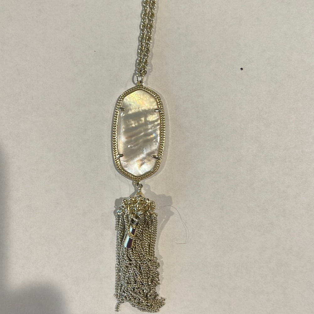 Kendra Scott like new mother of pearl stone with tassel long statement necklace